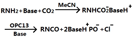 氨基甲酸酯阴离子脱水法制备异氰酸酯的反应式